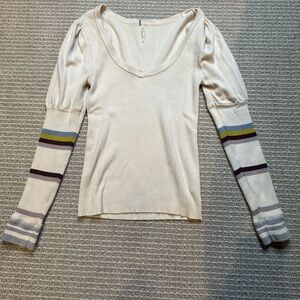Free People‎ Cream Ribbed Puff Sleeve Knit Sweater Striped Cuffs
